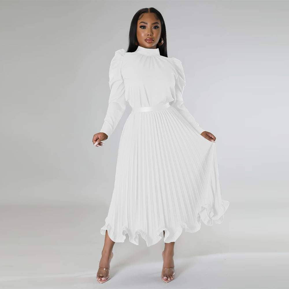 Skirt sets for women mock neck puff long sleeve