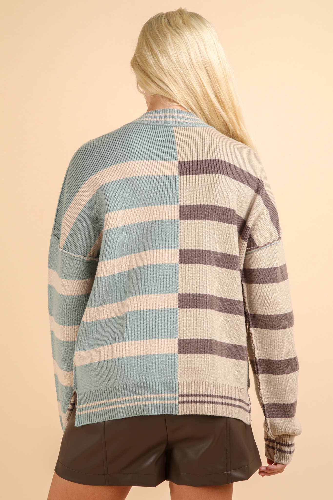 12W3185N-Color Block Oversized Striped Knit Sweater Top