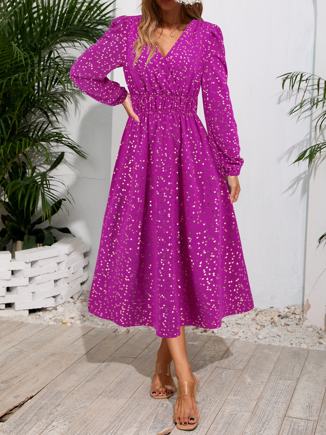 Printed Surplice Long Sleeve Midi Dress