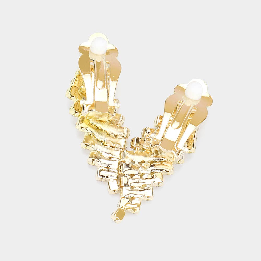 Rhinestone Paved V Shaped Necklace Clip on Earring Set