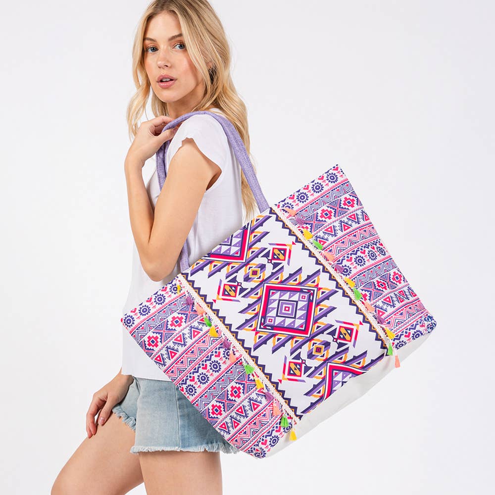 Boho Print Fringe Tote Bag