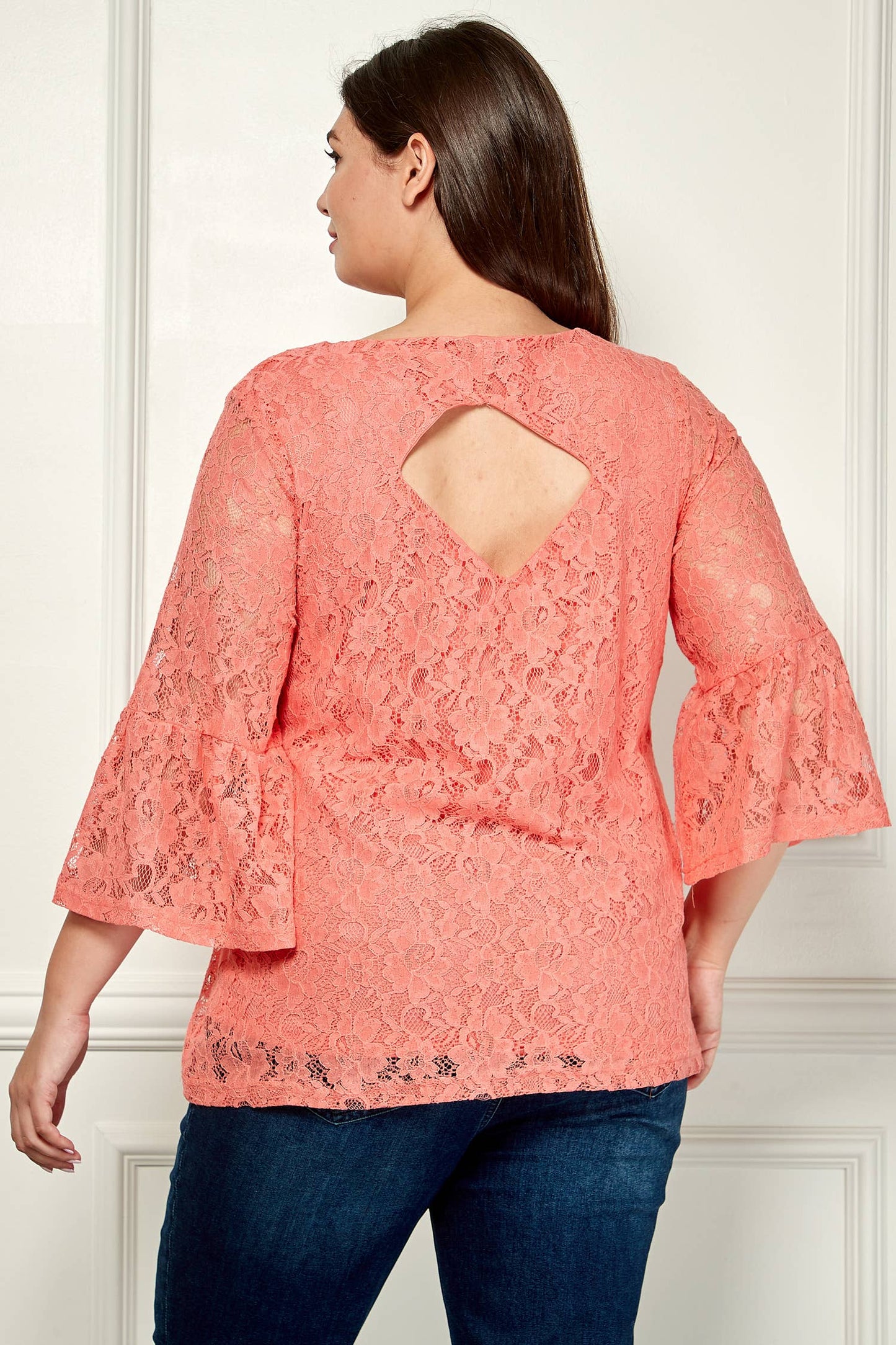 PLUS SIZE V- NECK ELBOW SLEEVE LACE TOP G9018250PX