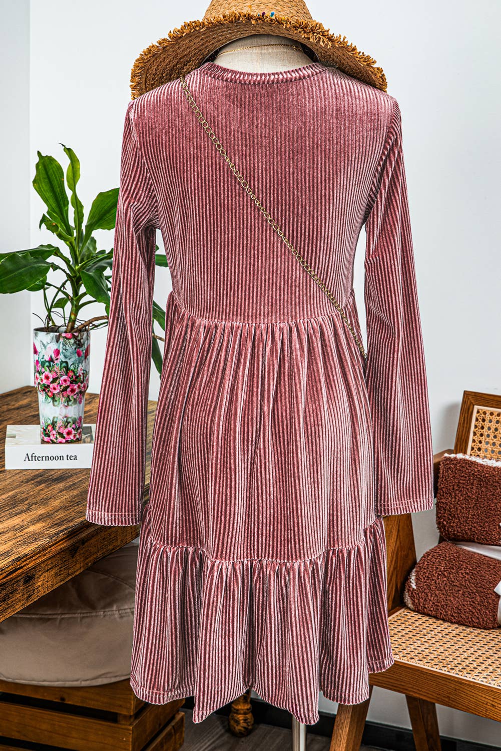 Fashion-W Long Sleeve Tiered Textured Velvet Dress