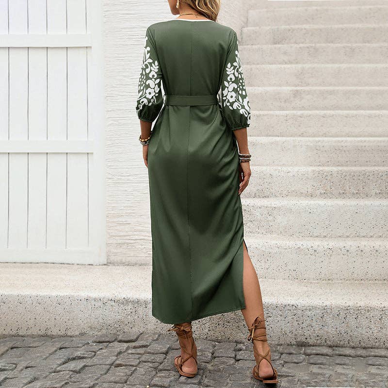 Green Split Hem Folk Style Midi Dress with Belt