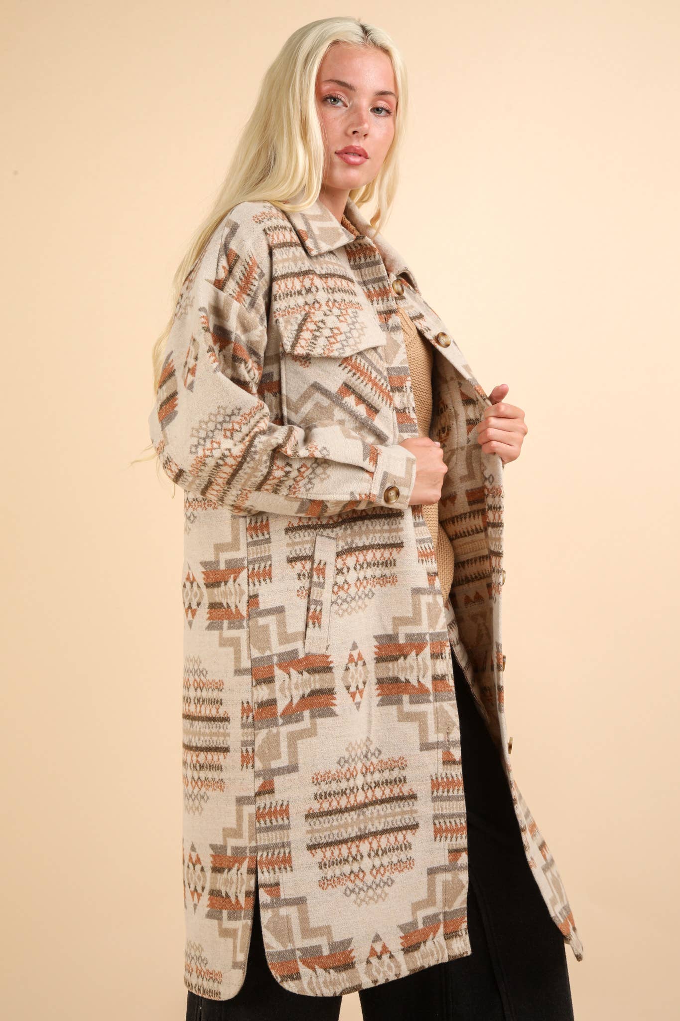 NJ90325-Aztec & Plaid Printed Shacket Jacket Coat