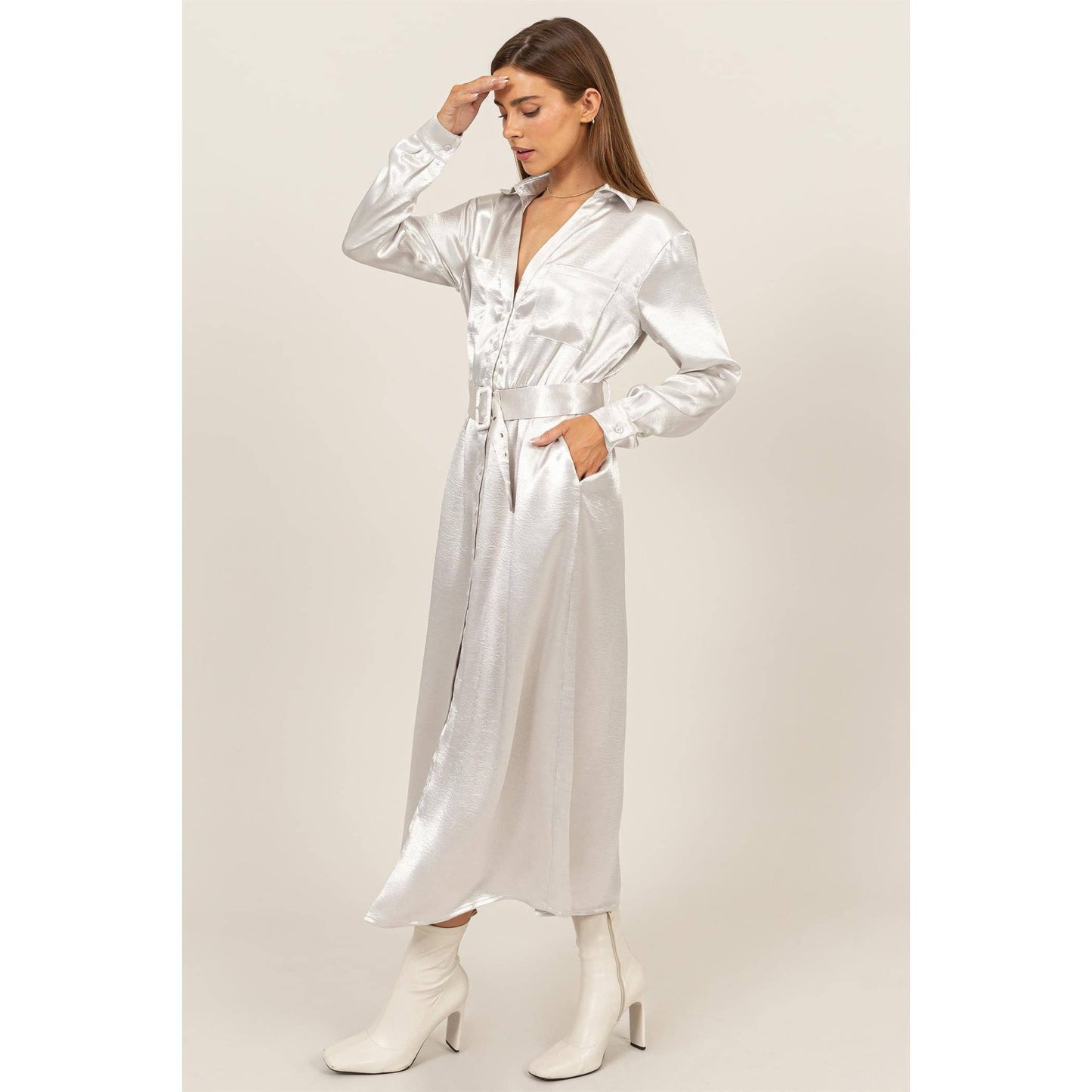HF24C828-SATIN SHIRT DRESS WITH BELT
