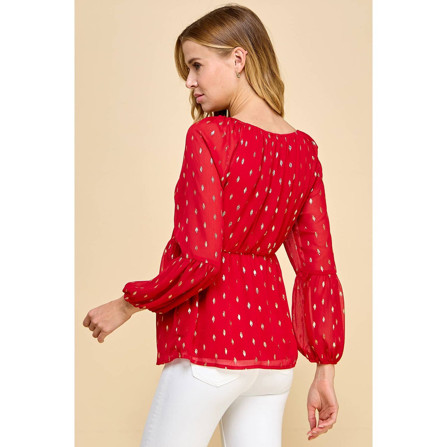 FOIL DOT CHIFFON LONG SLEEVE TWIST BODICE TOP T8262110F