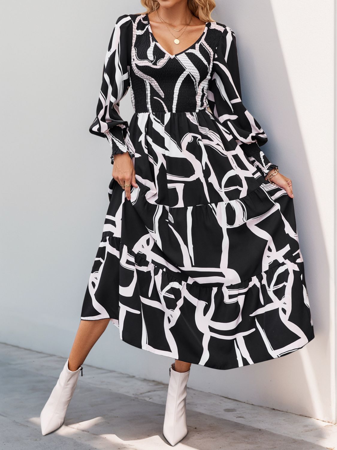 Smocked Printed Long Sleeve Midi Dress