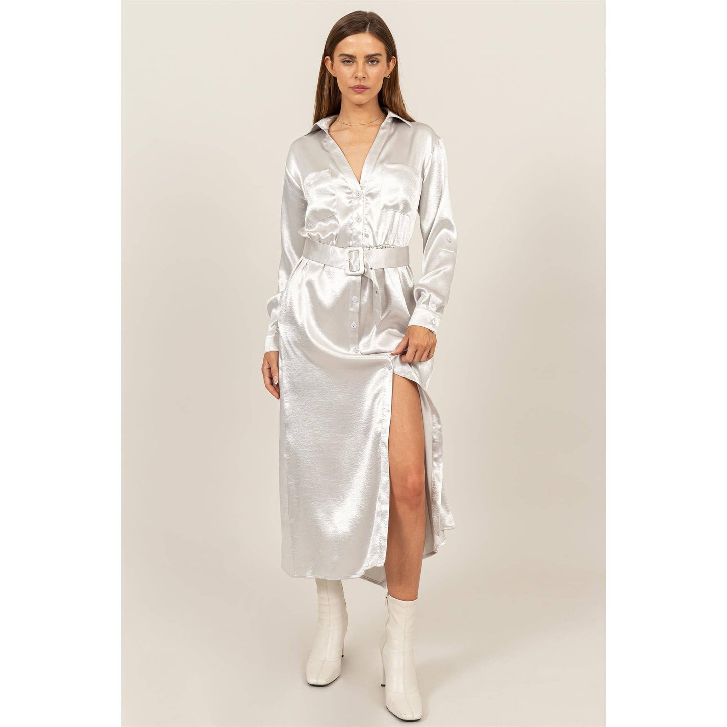 HF24C828-SATIN SHIRT DRESS WITH BELT