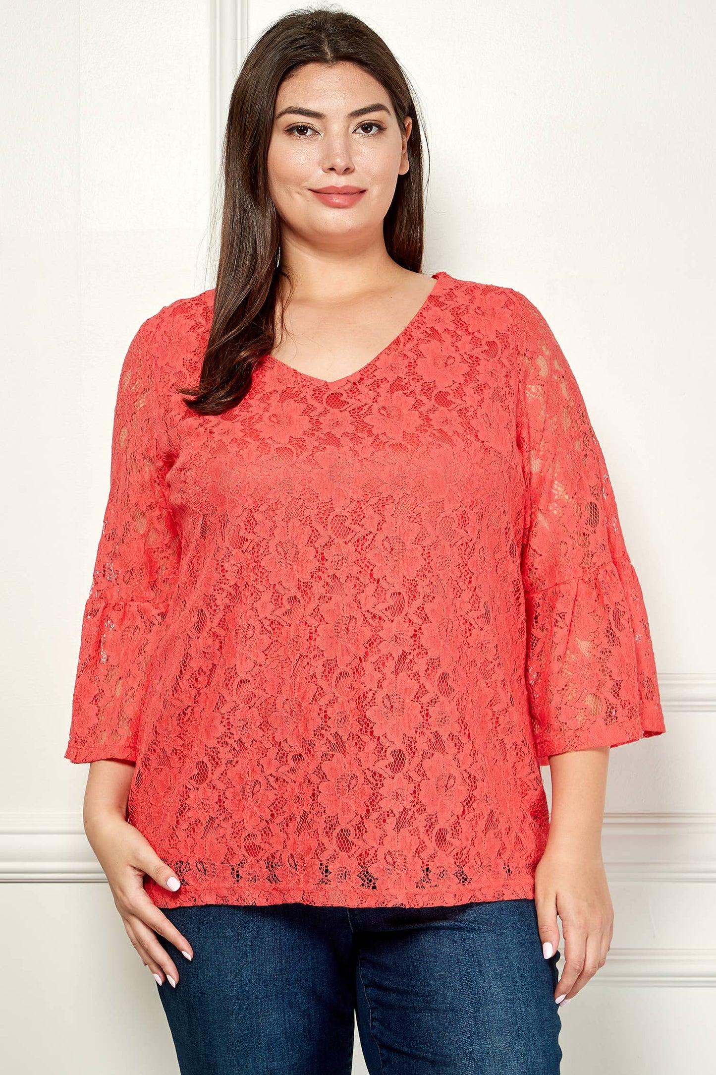PLUS SIZE V- NECK ELBOW SLEEVE LACE TOP G9018250PX
