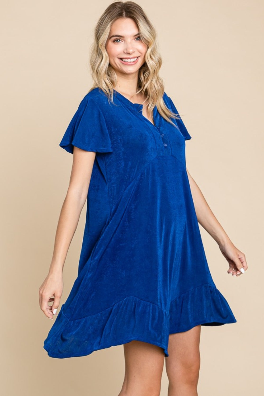 Full Size Short Sleeve Ruffled Asymmetric Hem Dress