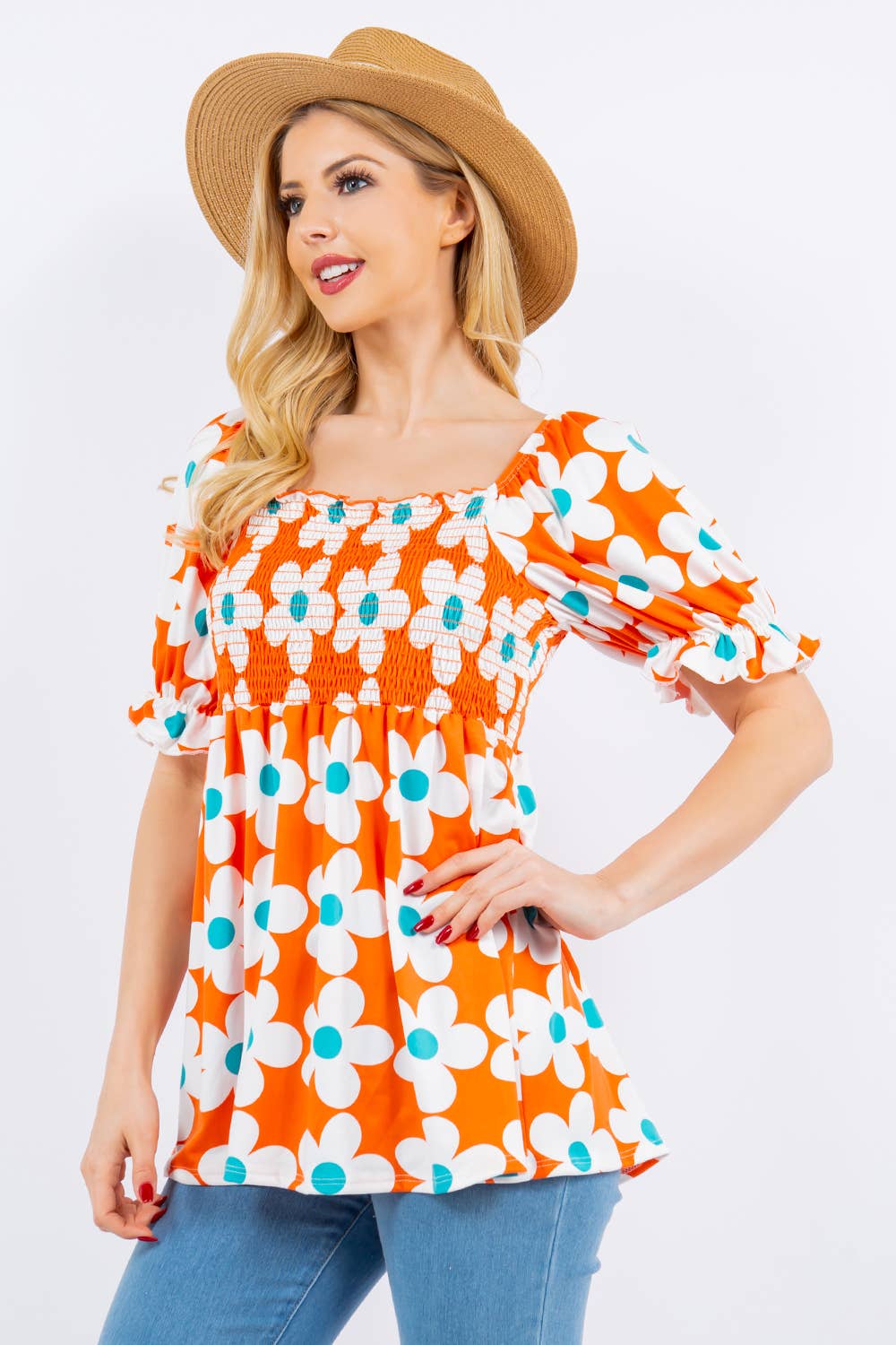 FLORAL PRINT SMOCKED TOP WITH PUFF SLEEVE -CT43822A