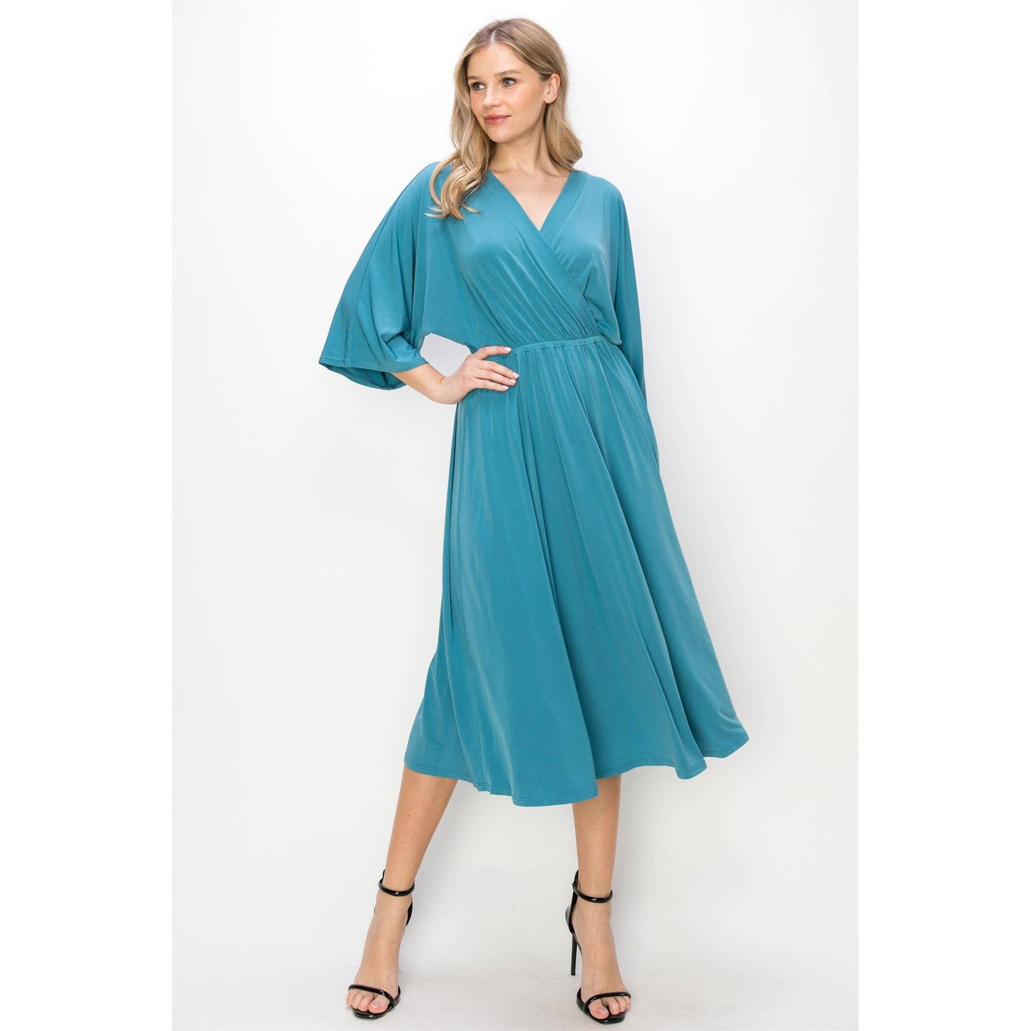 ELEGANT SOLID SURPLICE MIDI DRESS
