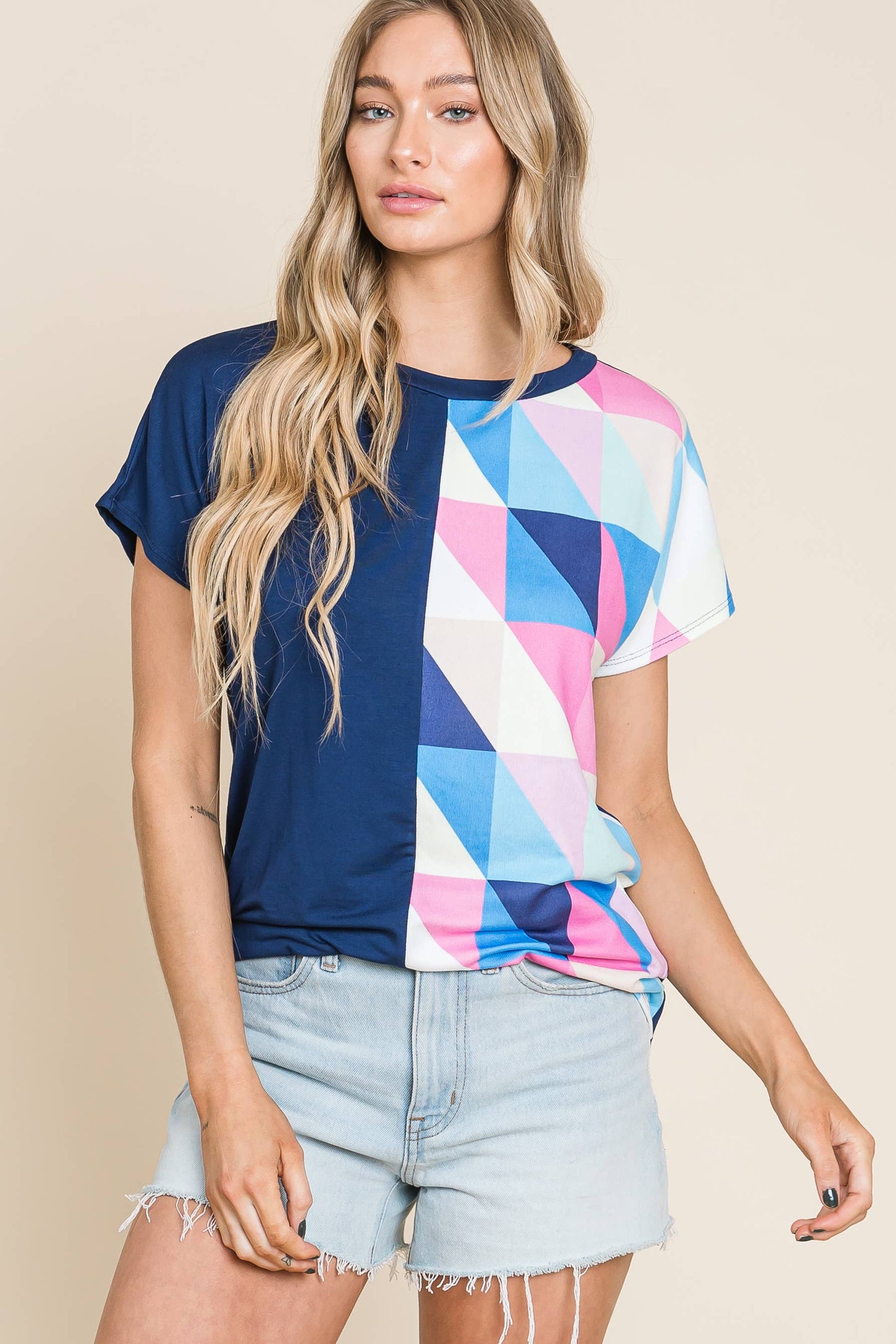 TA2037 Comfy Short Sleeve Color Block Crewneck Tee