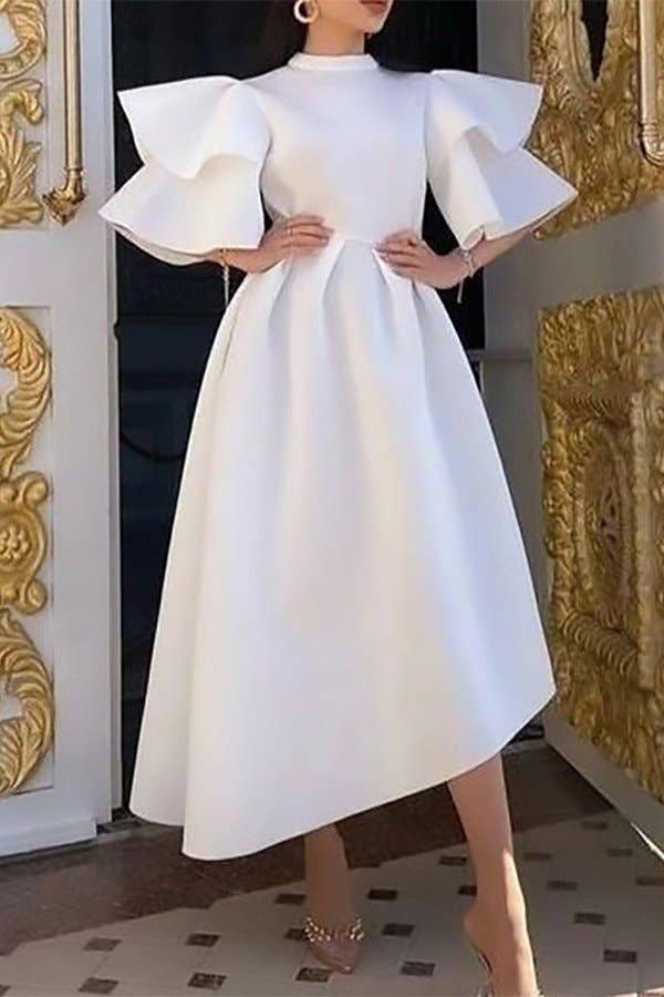 DOUBLE LOTUS SLEEVES SOLID COLOR SWING DRESS