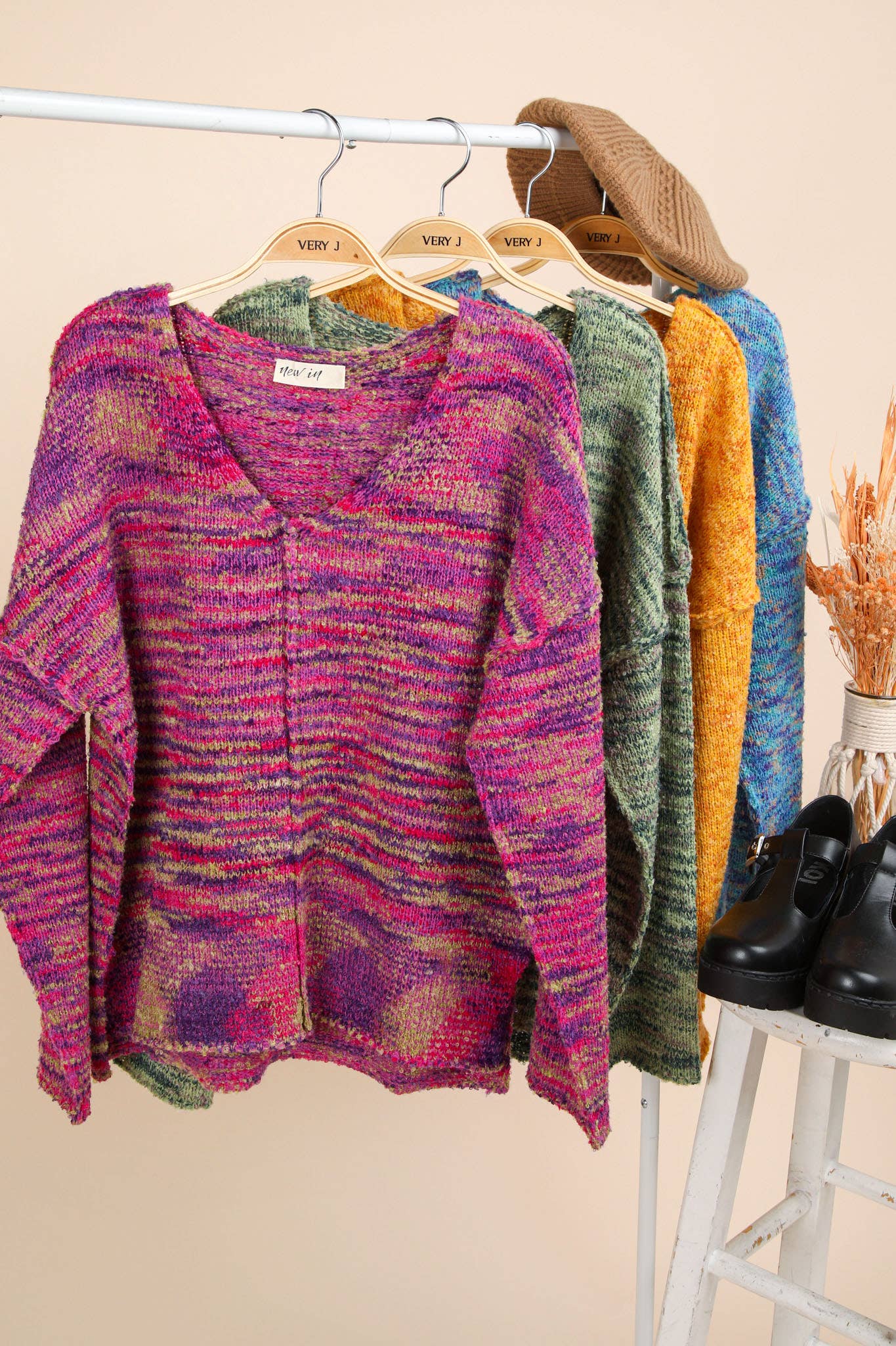 12W3270N-Oversized Casual Multi Color Knit Sweater Top