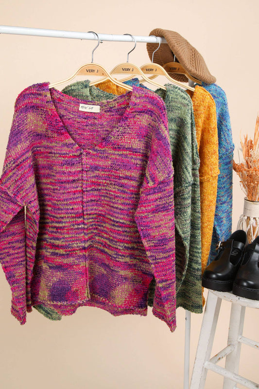 12W3270N-Oversized Casual Multi Color Knit Sweater Top