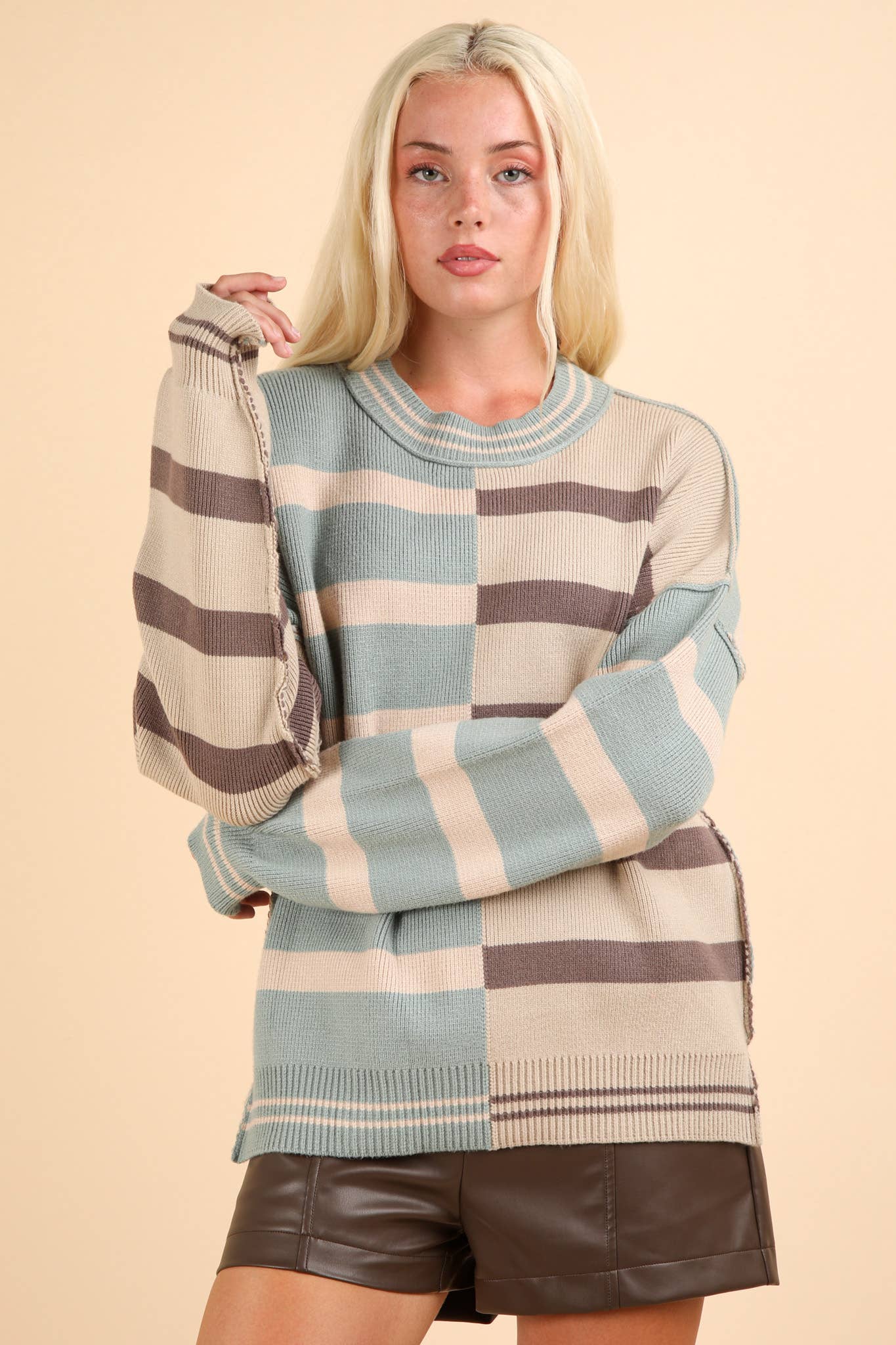 12W3185N-Color Block Oversized Striped Knit Sweater Top