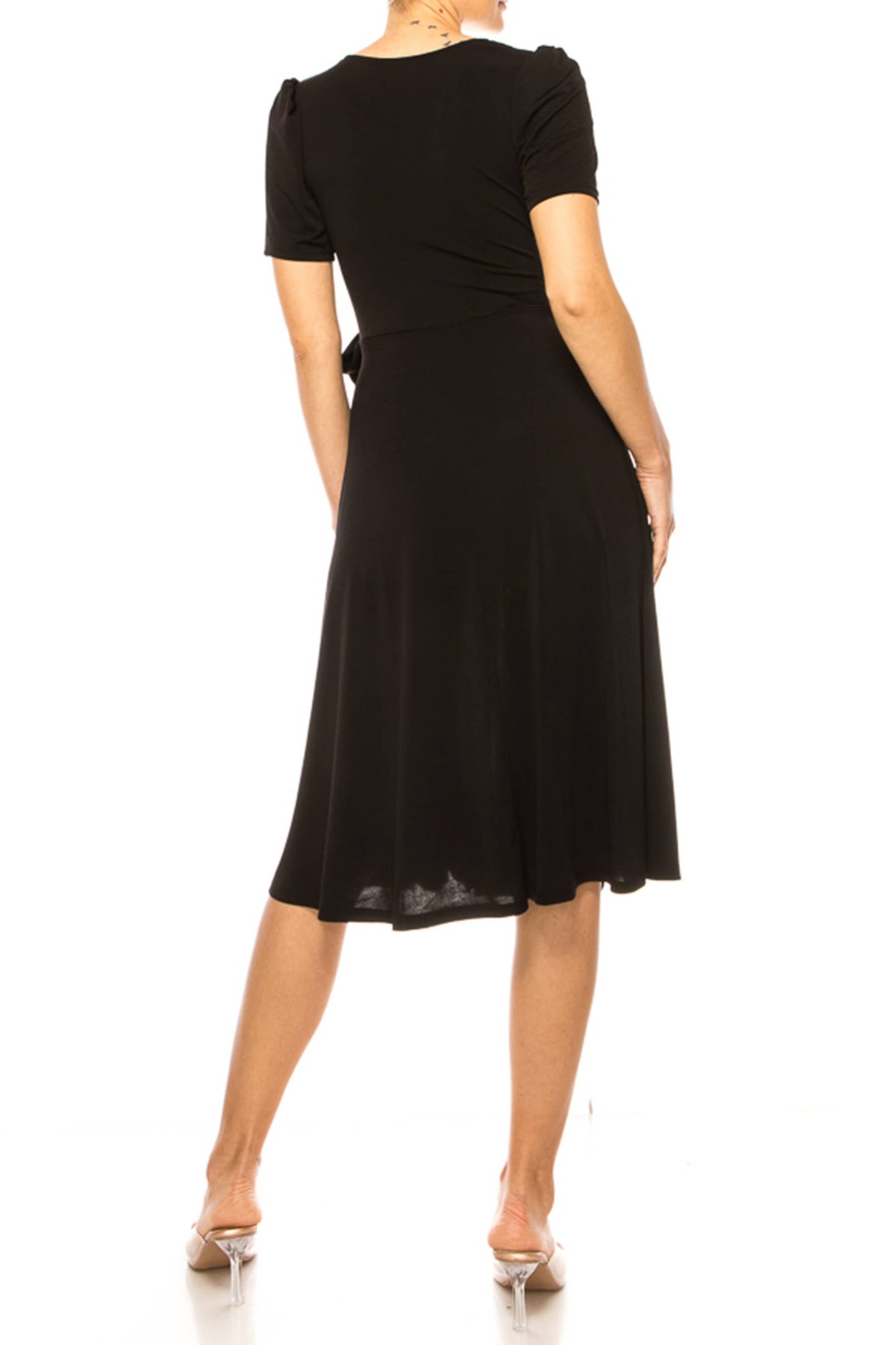Stylish Solid Faux Wrap Dress with Deep V-Neck