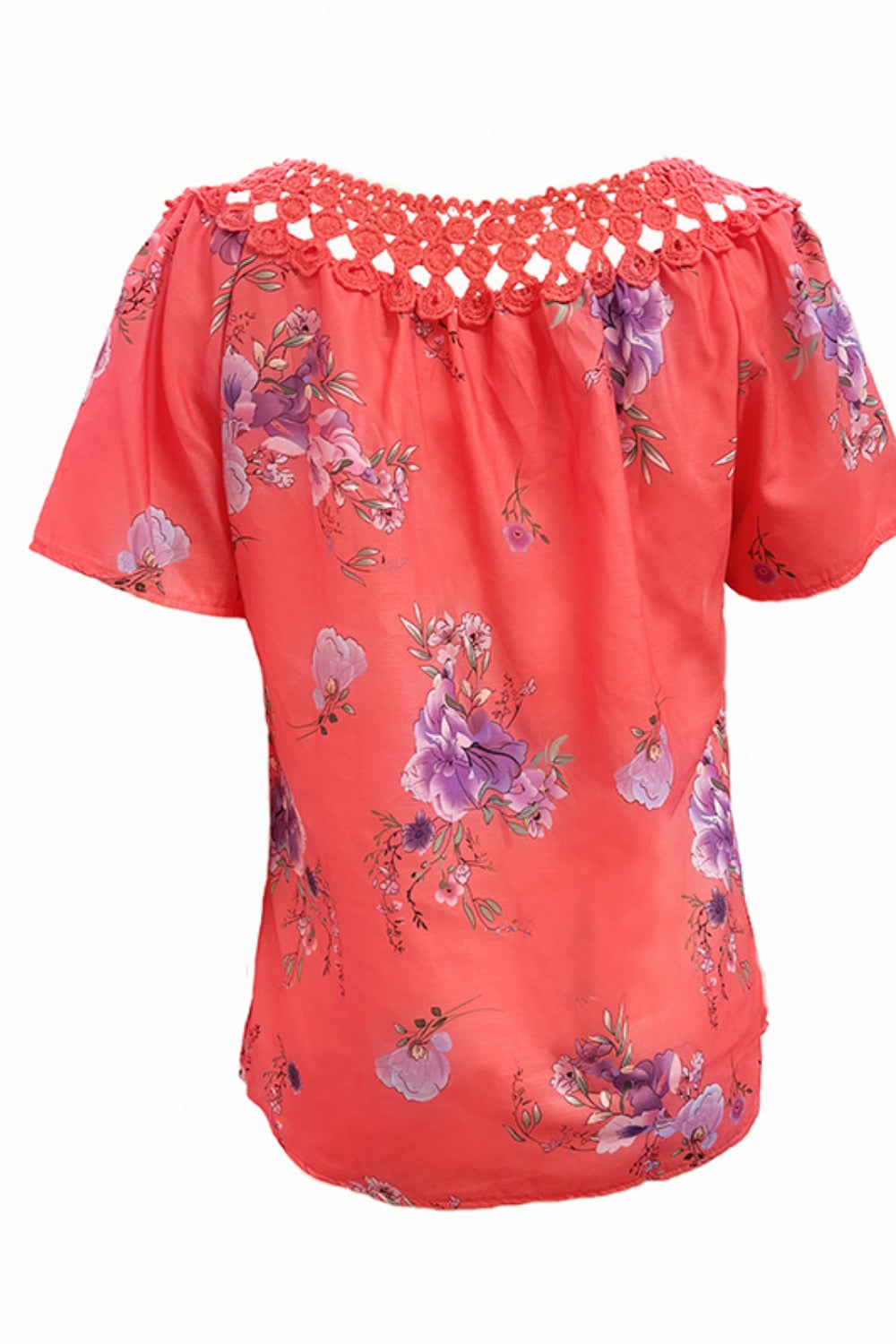 Full Size Printed Tie Neck Short Sleeve Blouse