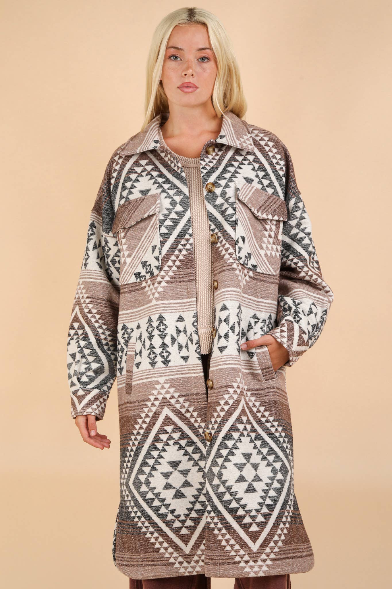 NJ90325-Aztec & Plaid Printed Shacket Jacket Coat