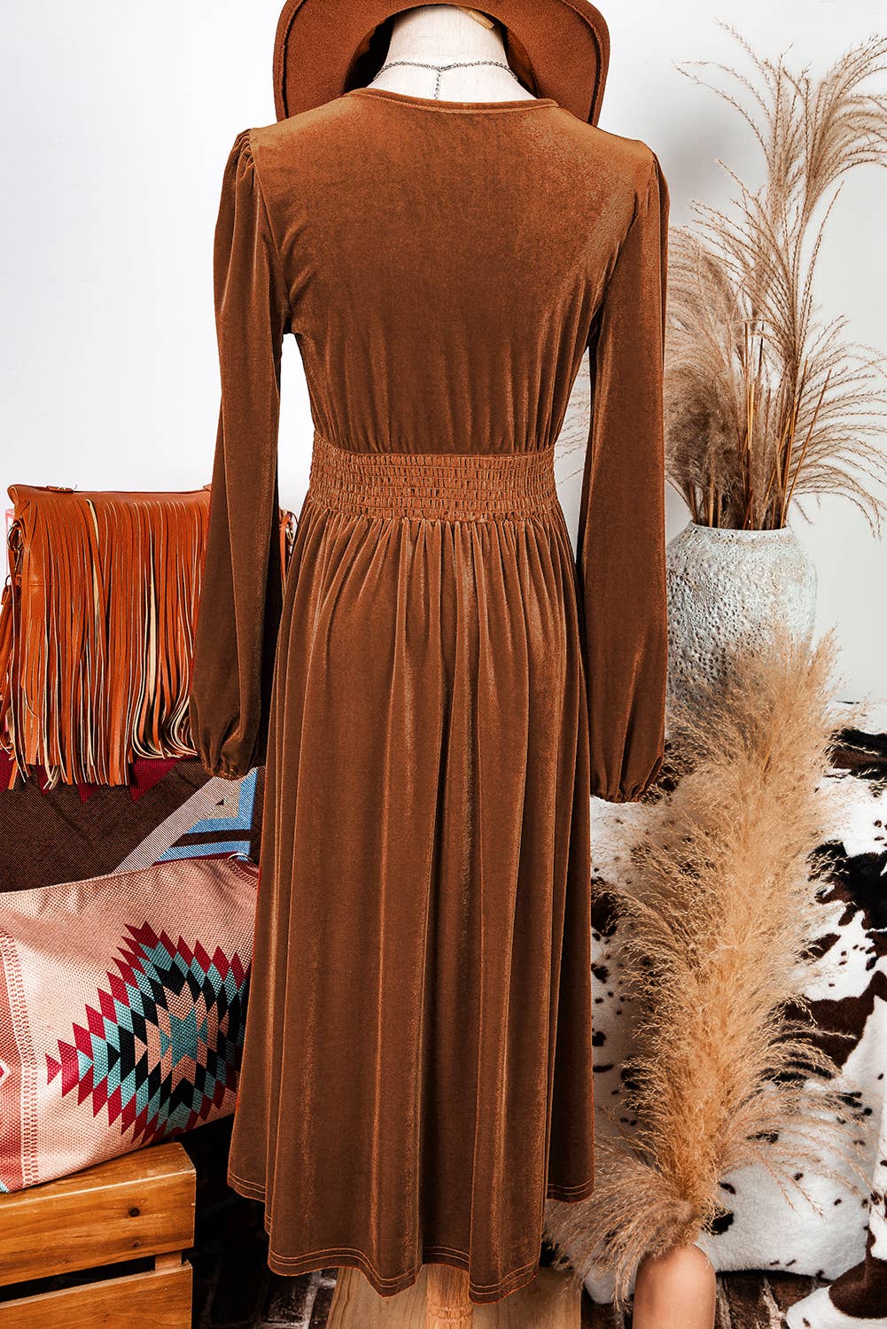 Fashion-W V Neck Smocked High Waist Velvet Midi Dress