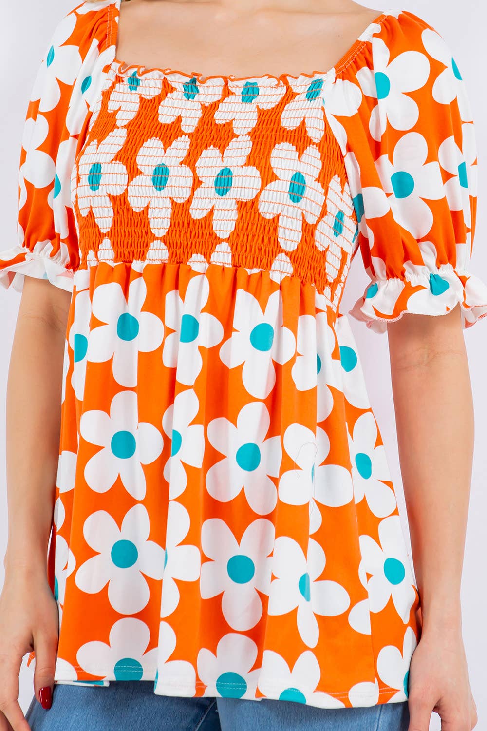 FLORAL PRINT SMOCKED TOP WITH PUFF SLEEVE -CT43822A
