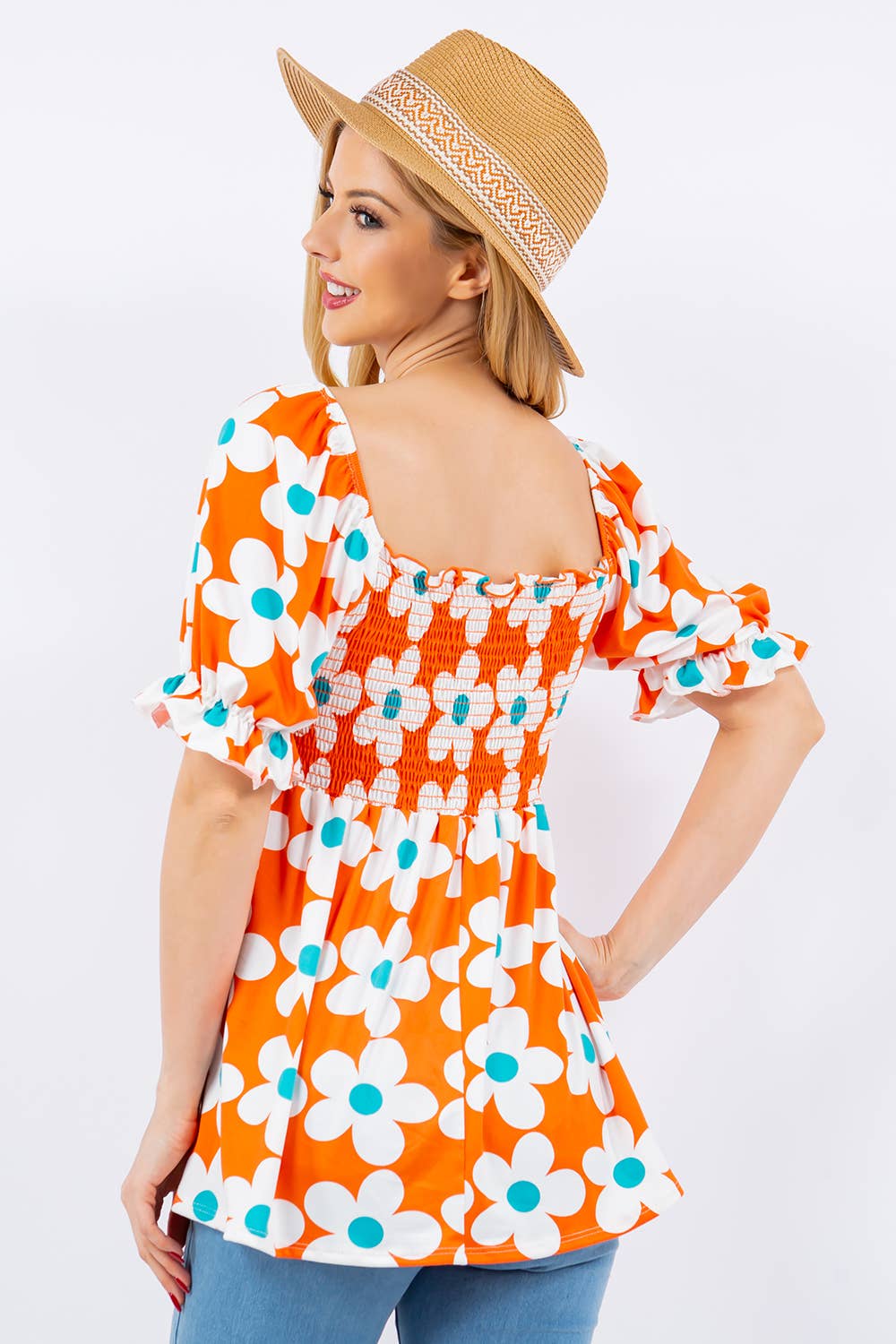 FLORAL PRINT SMOCKED TOP WITH PUFF SLEEVE -CT43822A