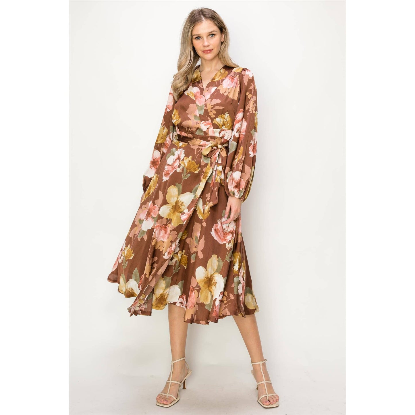 SATIN FLORAL LONG SLEEVE V-NECK WRAP MAXI DRESS