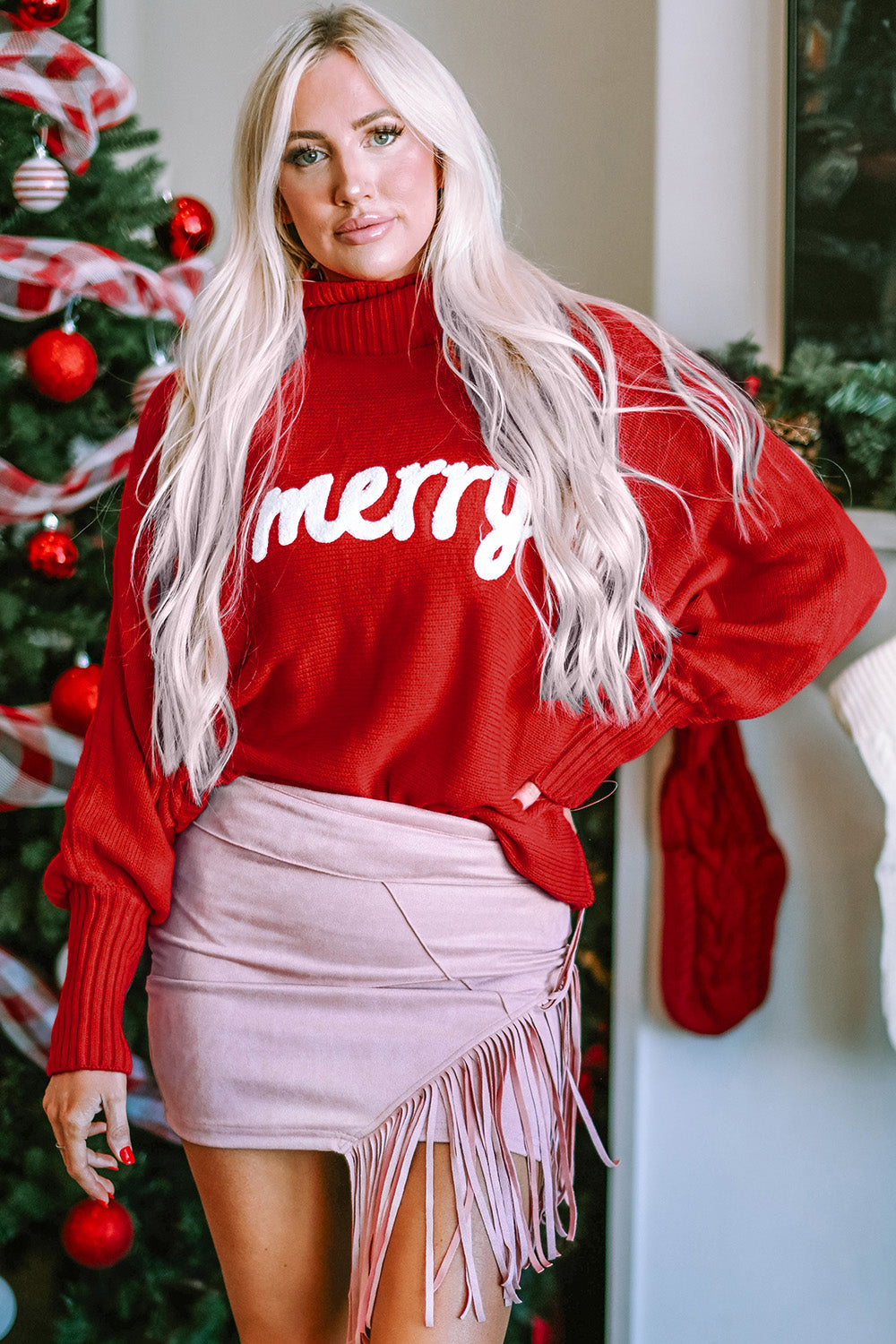 Full Size Merry Christmas Turtleneck Long Sleeve Sweater