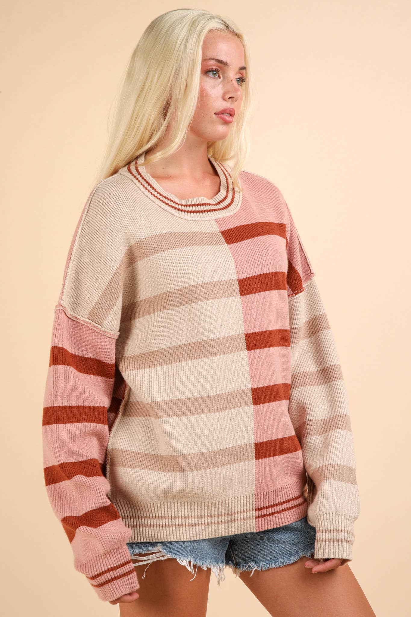 12W3185N-Color Block Oversized Striped Knit Sweater Top
