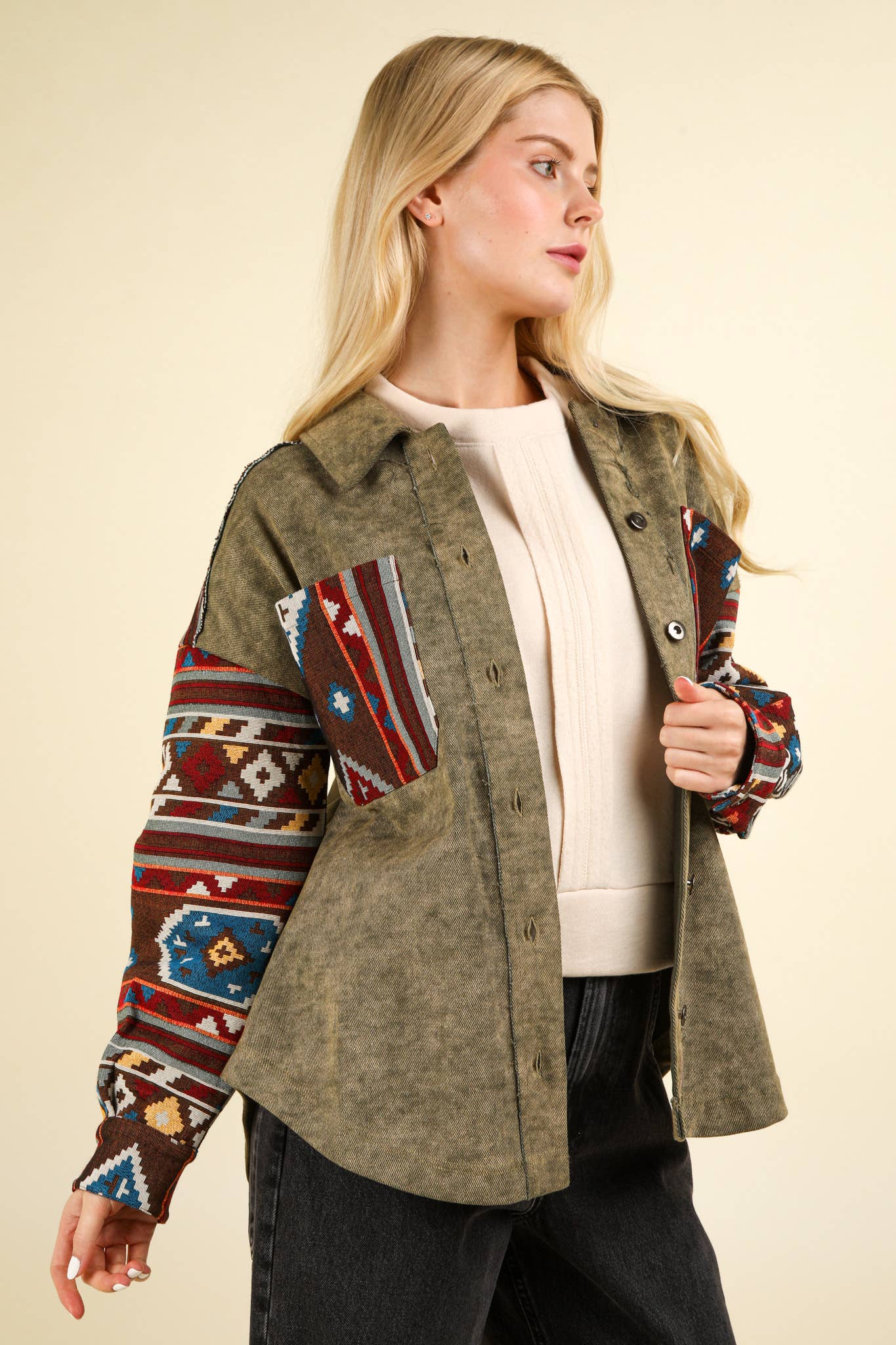 NJ90328-Aztec Graphic Oversized Button Down Shacket Jacket