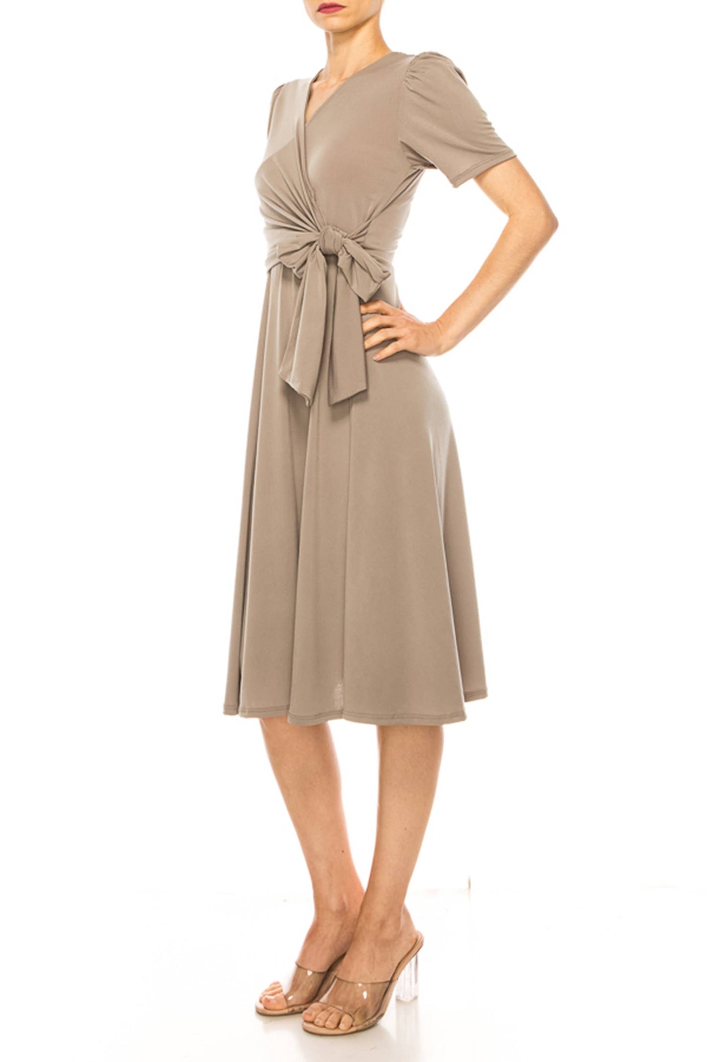 Stylish Solid Faux Wrap Dress with Deep V-Neck
