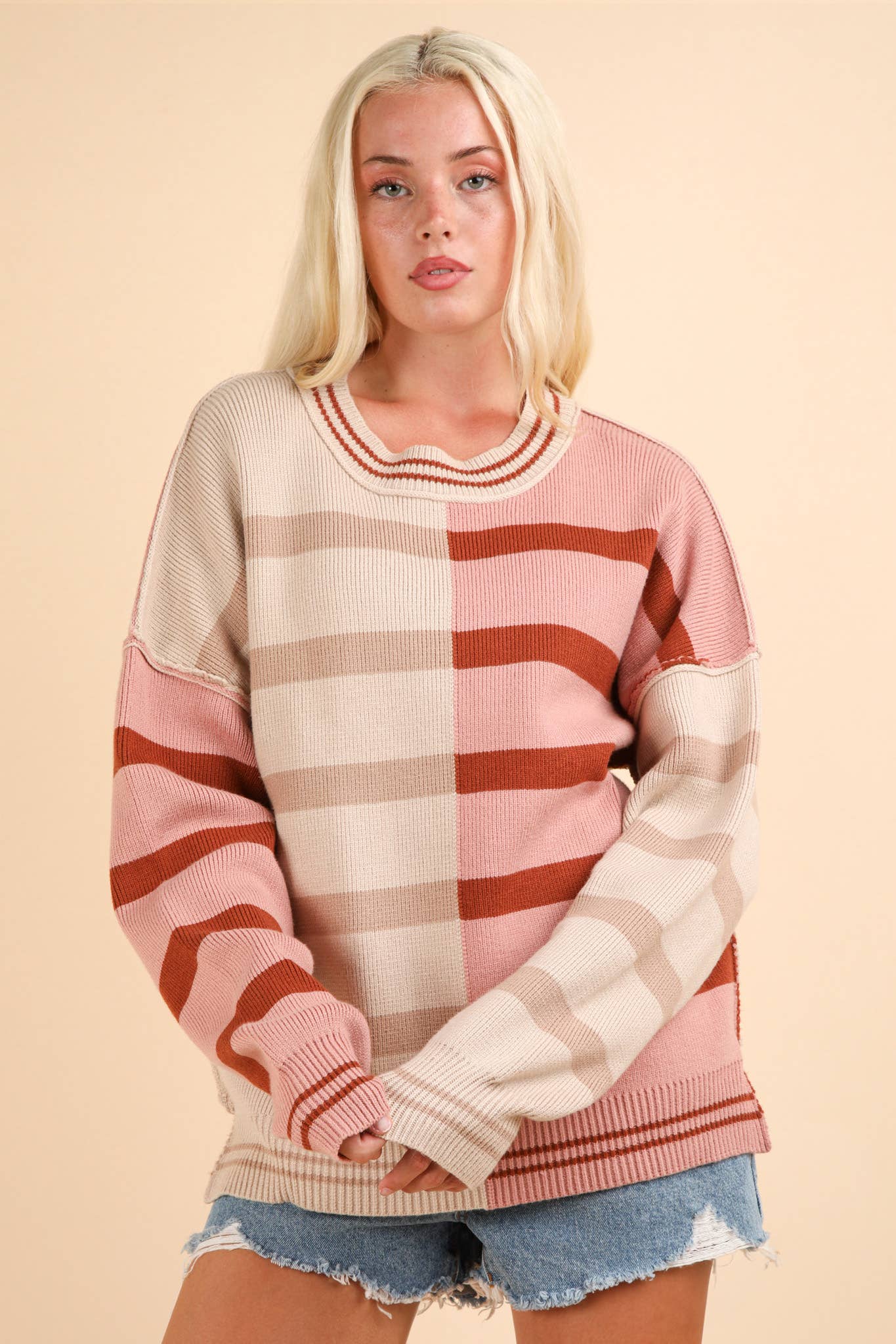 12W3185N-Color Block Oversized Striped Knit Sweater Top