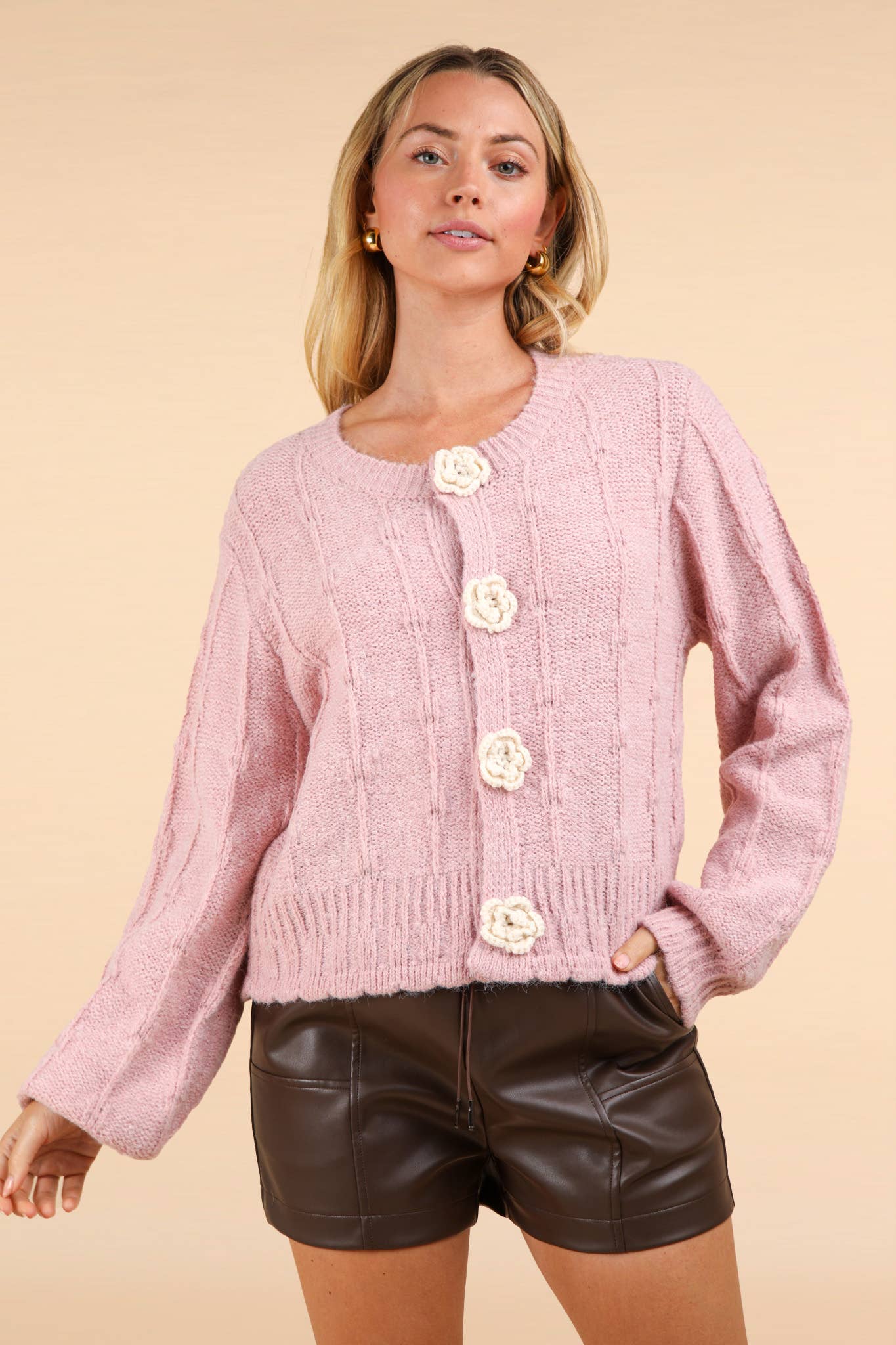 12W3115N-Floral Button Crop Length Knit Sweater Cardigan