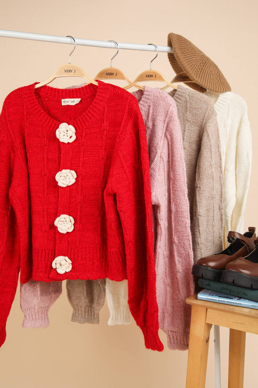 12W3115N-Floral Button Crop Length Knit Sweater Cardigan