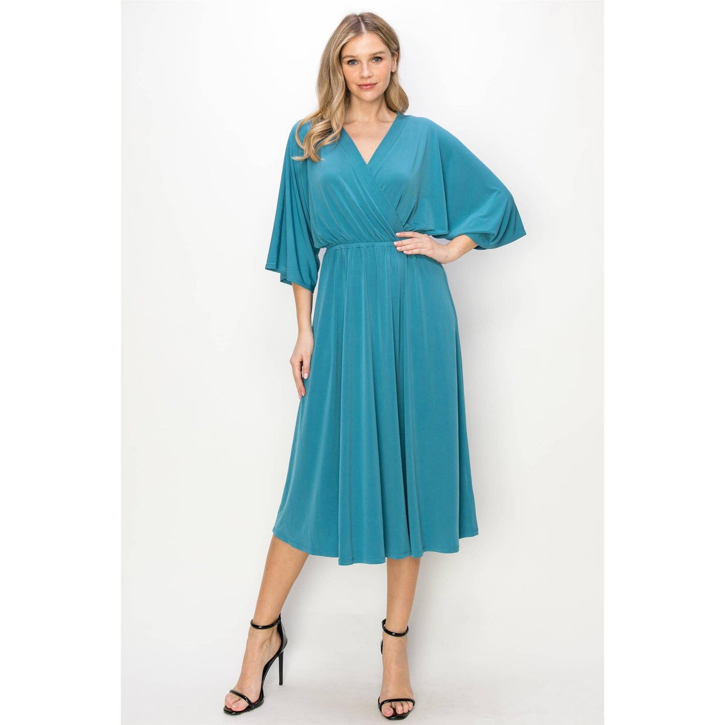 ELEGANT SOLID SURPLICE MIDI DRESS