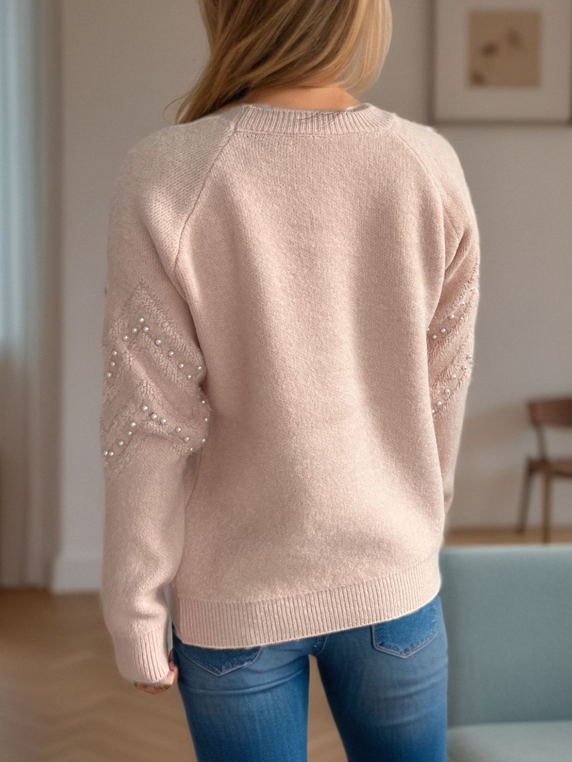 Pearl Trim Round Neck Raglan Sleeve Sweater