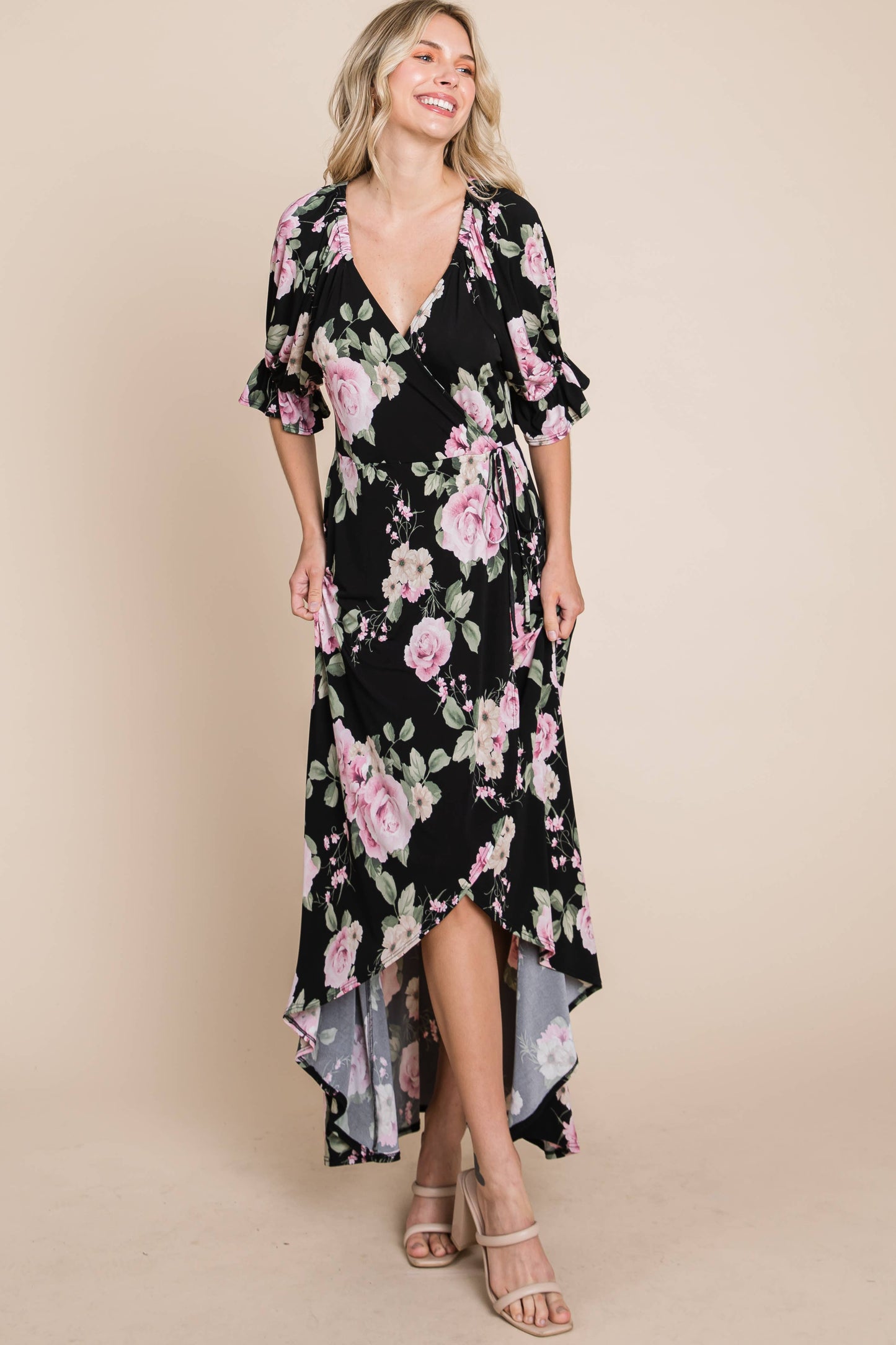 ETD-839 Floral Faux Wrap High Low Maxi Dress