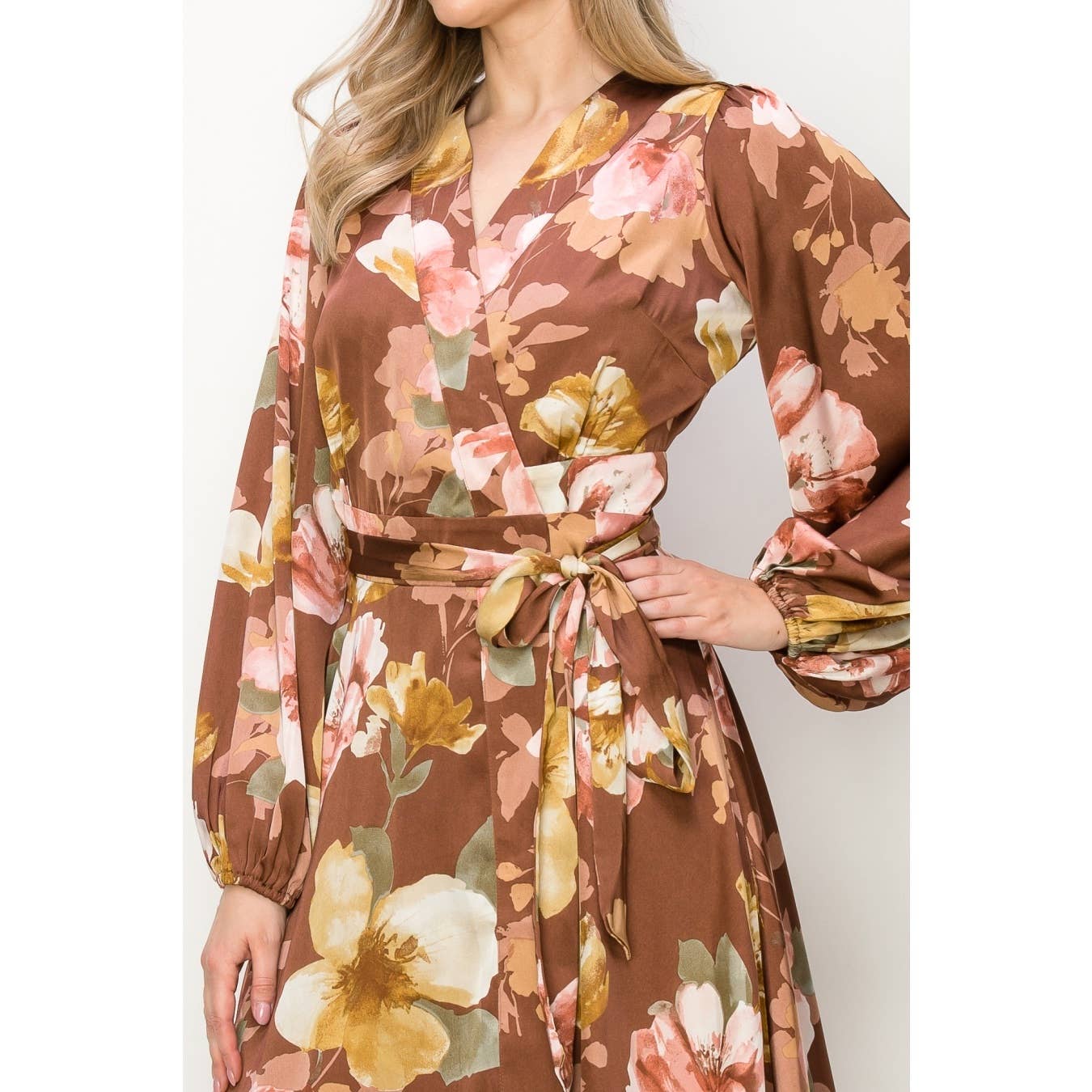 SATIN FLORAL LONG SLEEVE V-NECK WRAP MAXI DRESS