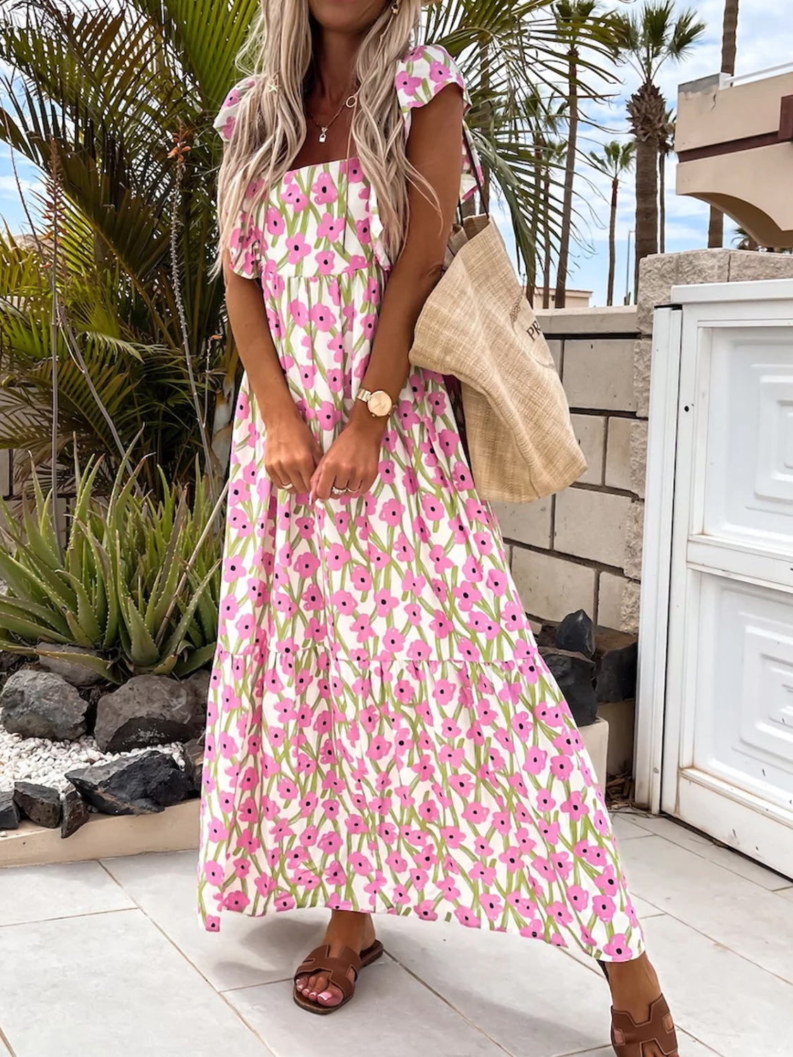 Ruffled Printed Cap Sleeve Midi Dress