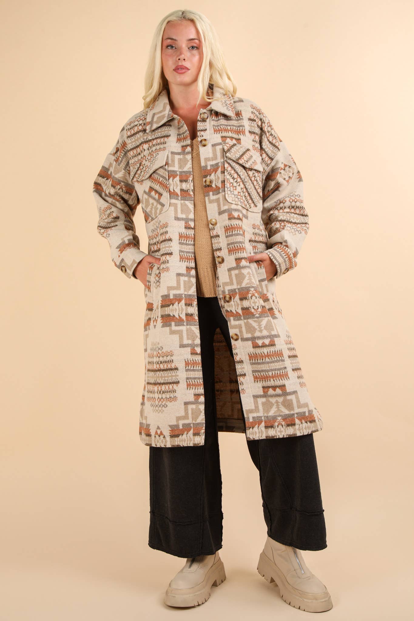 NJ90325-Aztec & Plaid Printed Shacket Jacket Coat