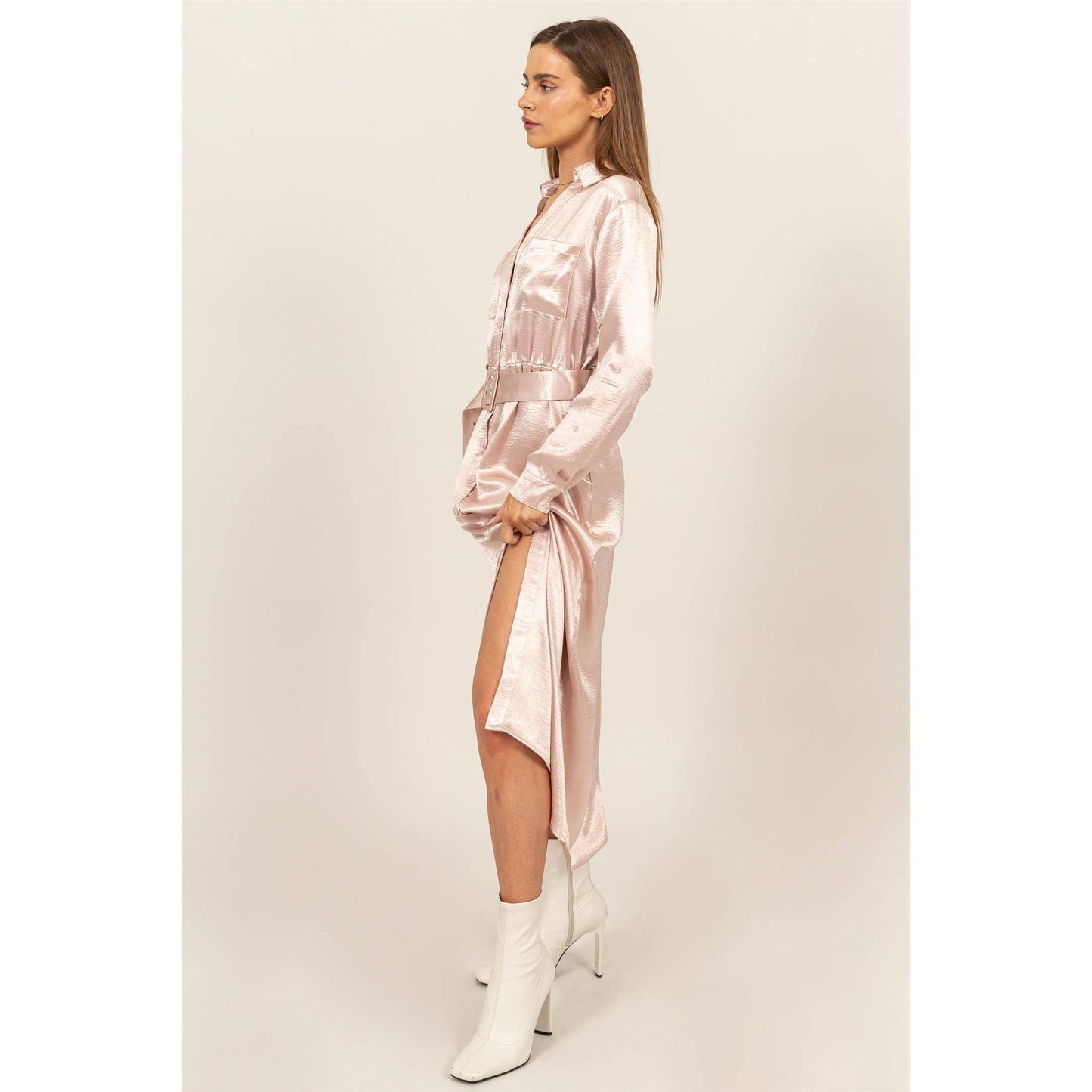 HF24C828-SATIN SHIRT DRESS WITH BELT