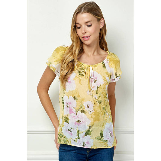DOUBLE FLUTTER SLEEVE BEADED TIE NECK BLOUSE