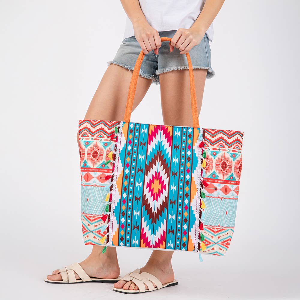 Boho Print Fringe Tote Bag