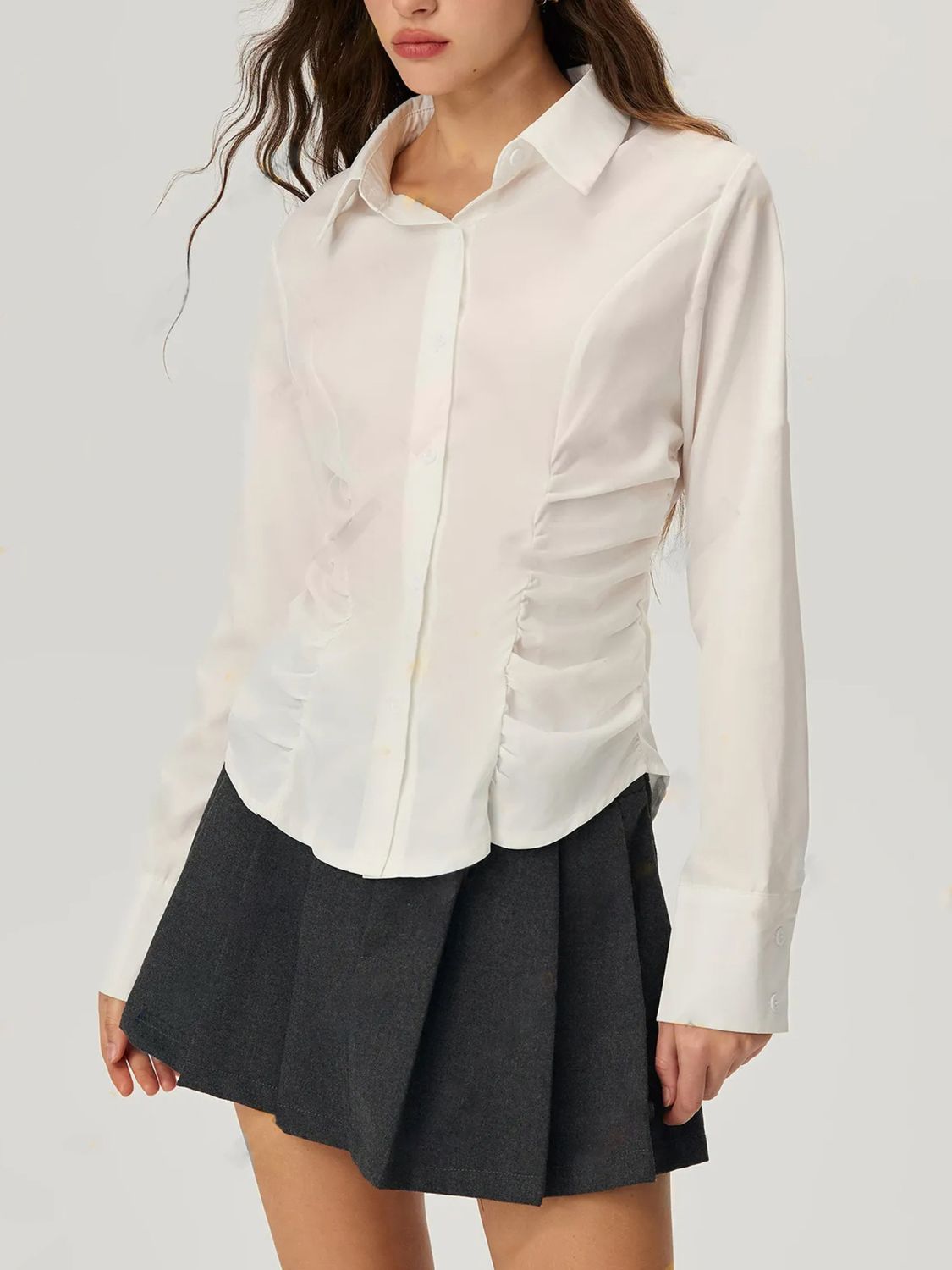 Ruched Button Down Long Sleeve Shirt