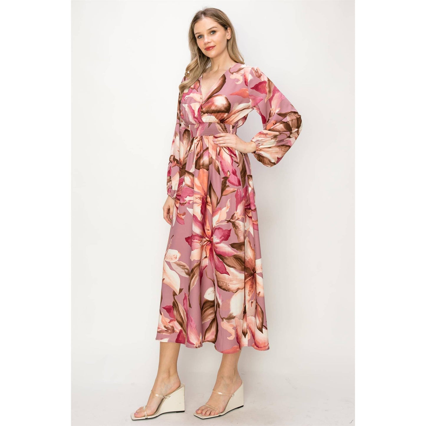 OL24A140-LONG SLEEVE STRETCH WAIST MAXI DRESS
