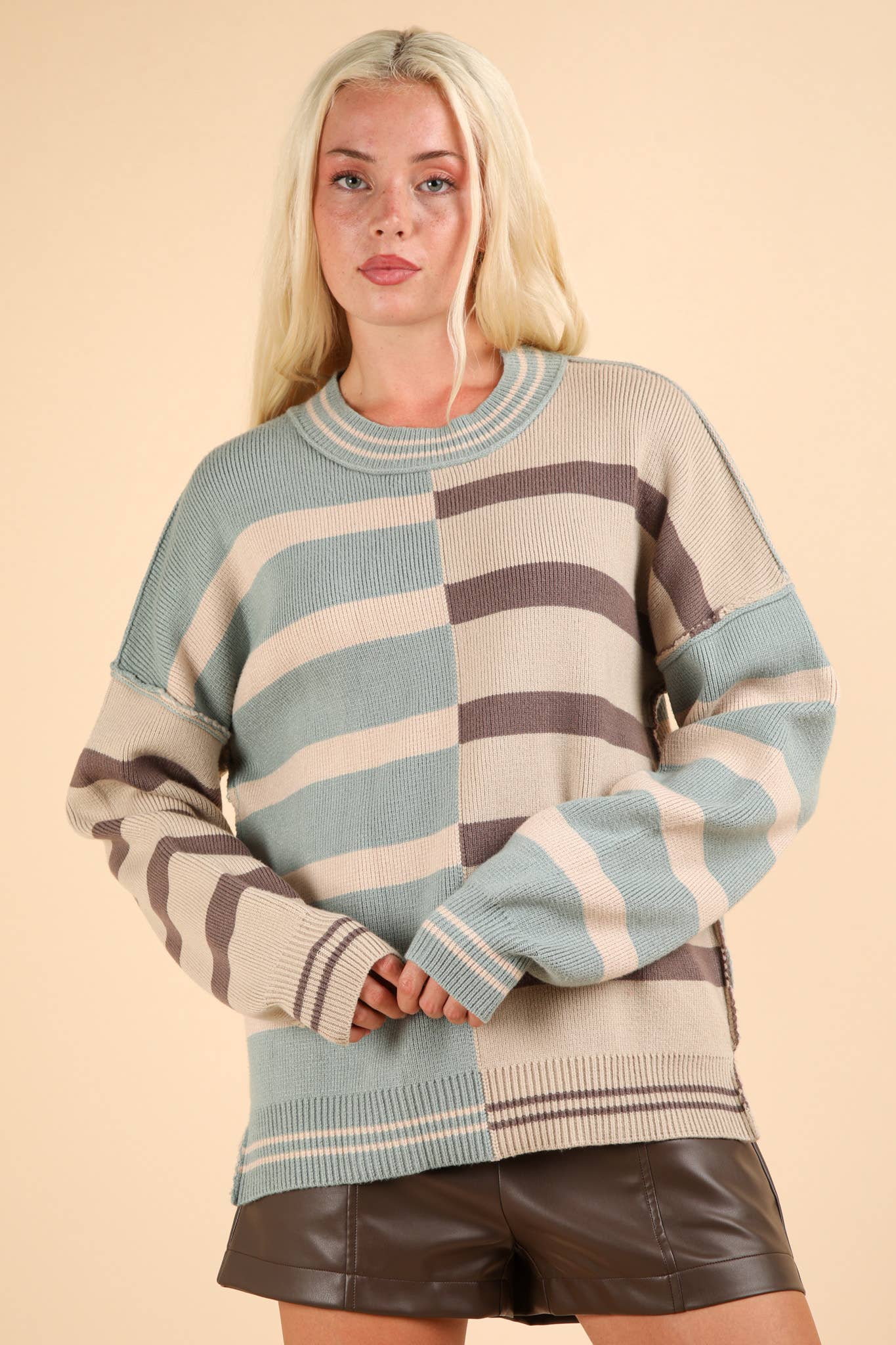 12W3185N-Color Block Oversized Striped Knit Sweater Top