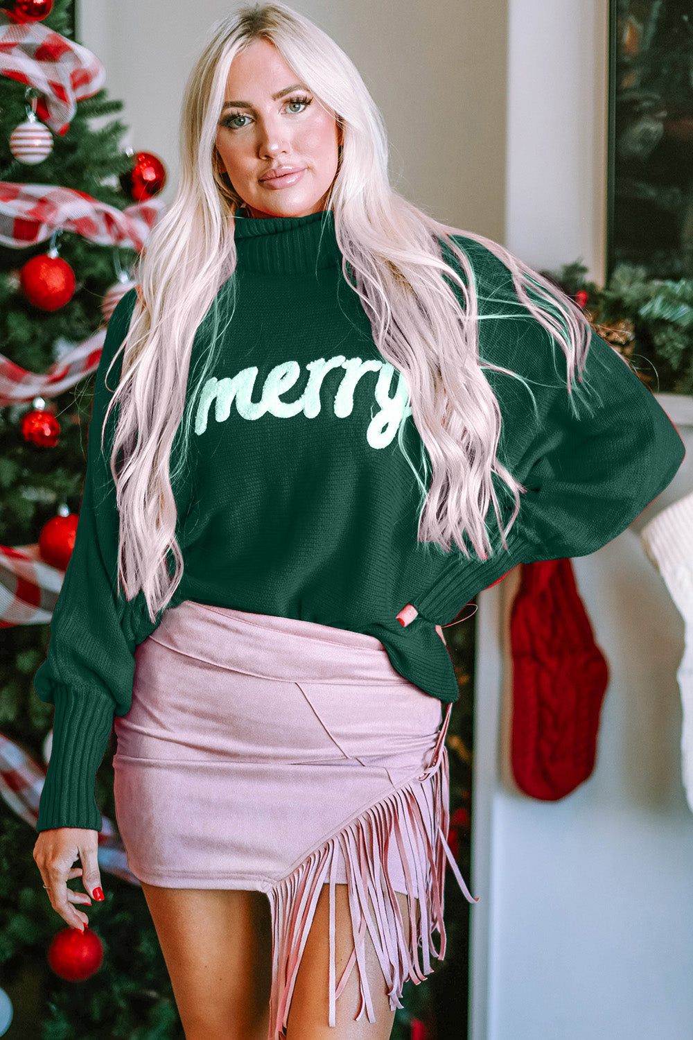 Full Size Merry Christmas Turtleneck Long Sleeve Sweater