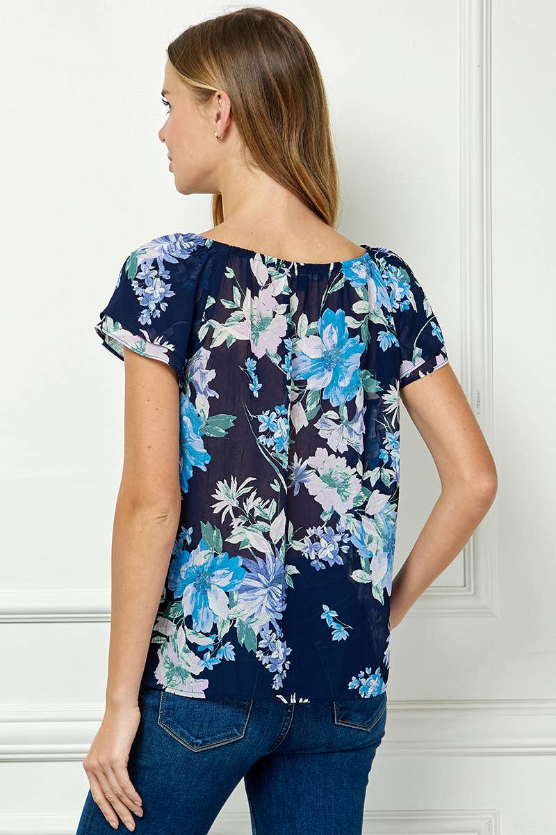 DOUBLE FLUTTER SLEEVE BEADED TIE NECK BLOUSE